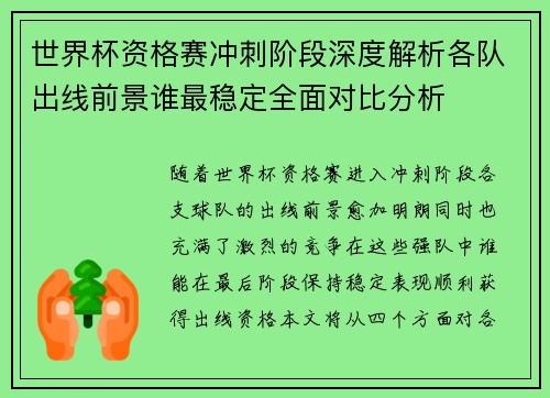 世界杯资格赛冲刺阶段深度解析各队出线前景谁最稳定全面对比分析