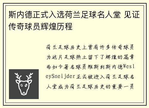斯内德正式入选荷兰足球名人堂 见证传奇球员辉煌历程 斯内德正式入选荷兰足球名人堂 见证传奇球员辉煌历程